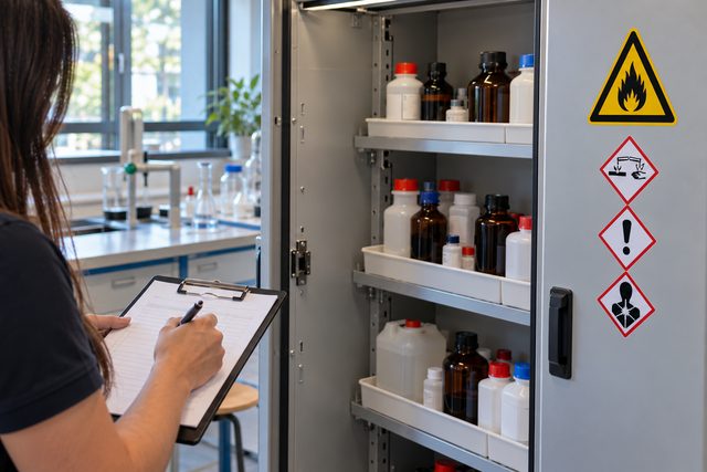 Adviseur bij een veiligheidskast met gevaarlijke stoffen
